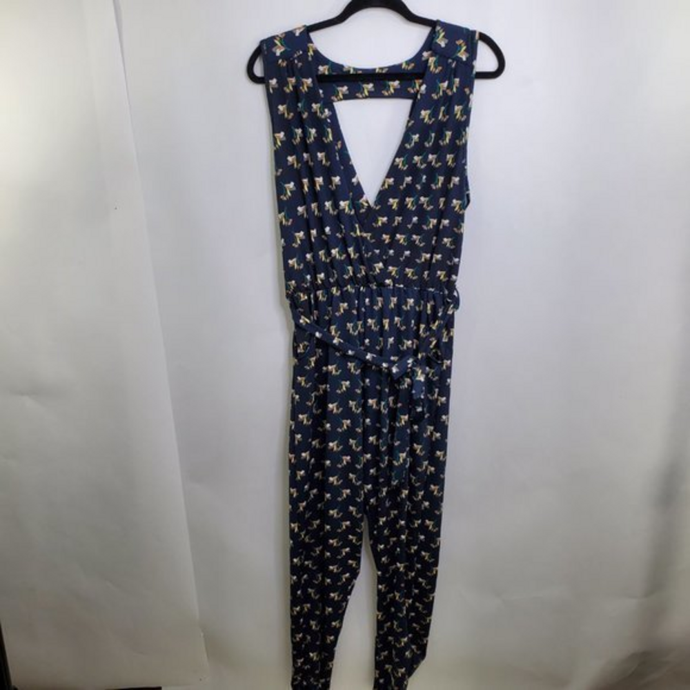 Bella‎ Berry Jumpsuit L Blue Floral V-neck Wrap Pan